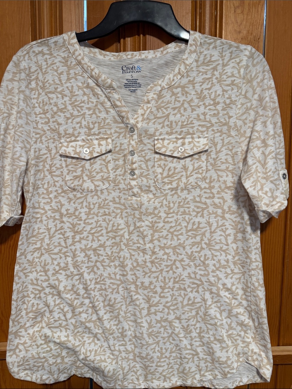croft & barrow Beige Printed Short-Sleeve Henley Top